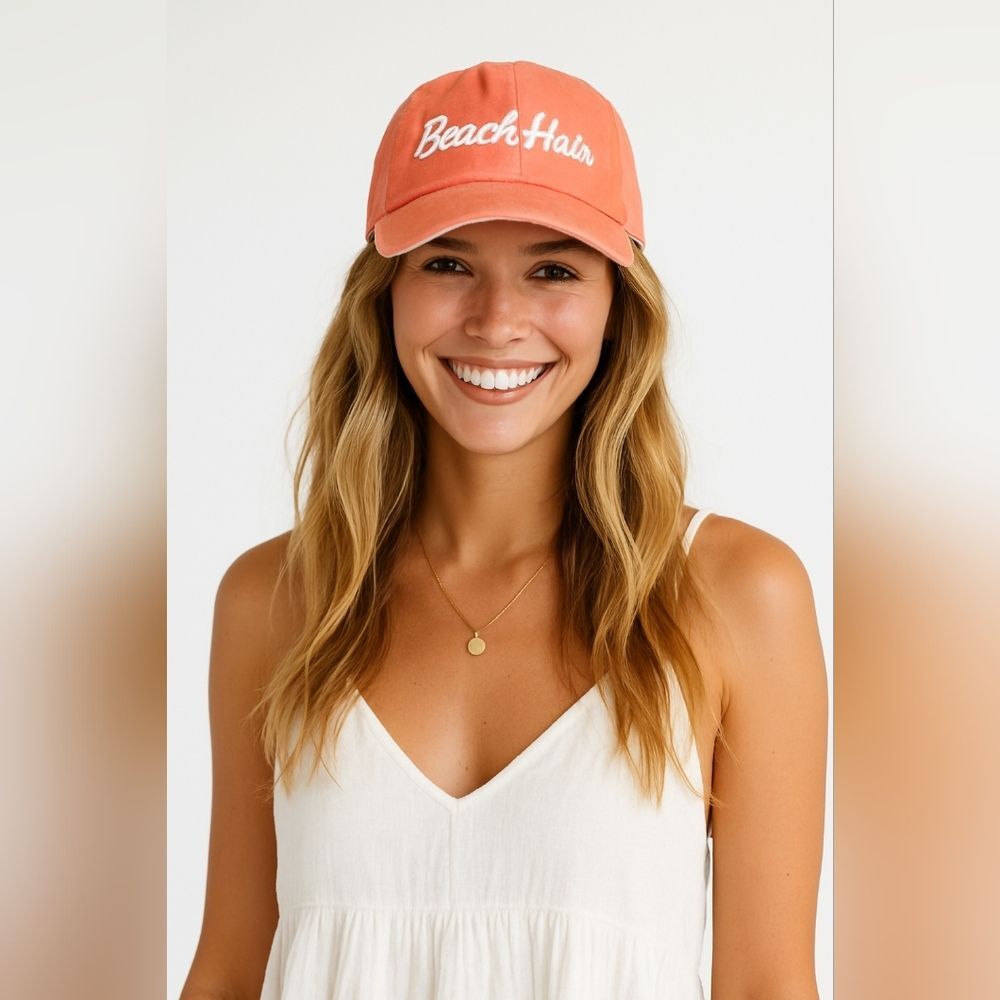 Beach Hair Coral Embroidered Distressed Hat OSFM Beachy Coastal Resortwear Crui